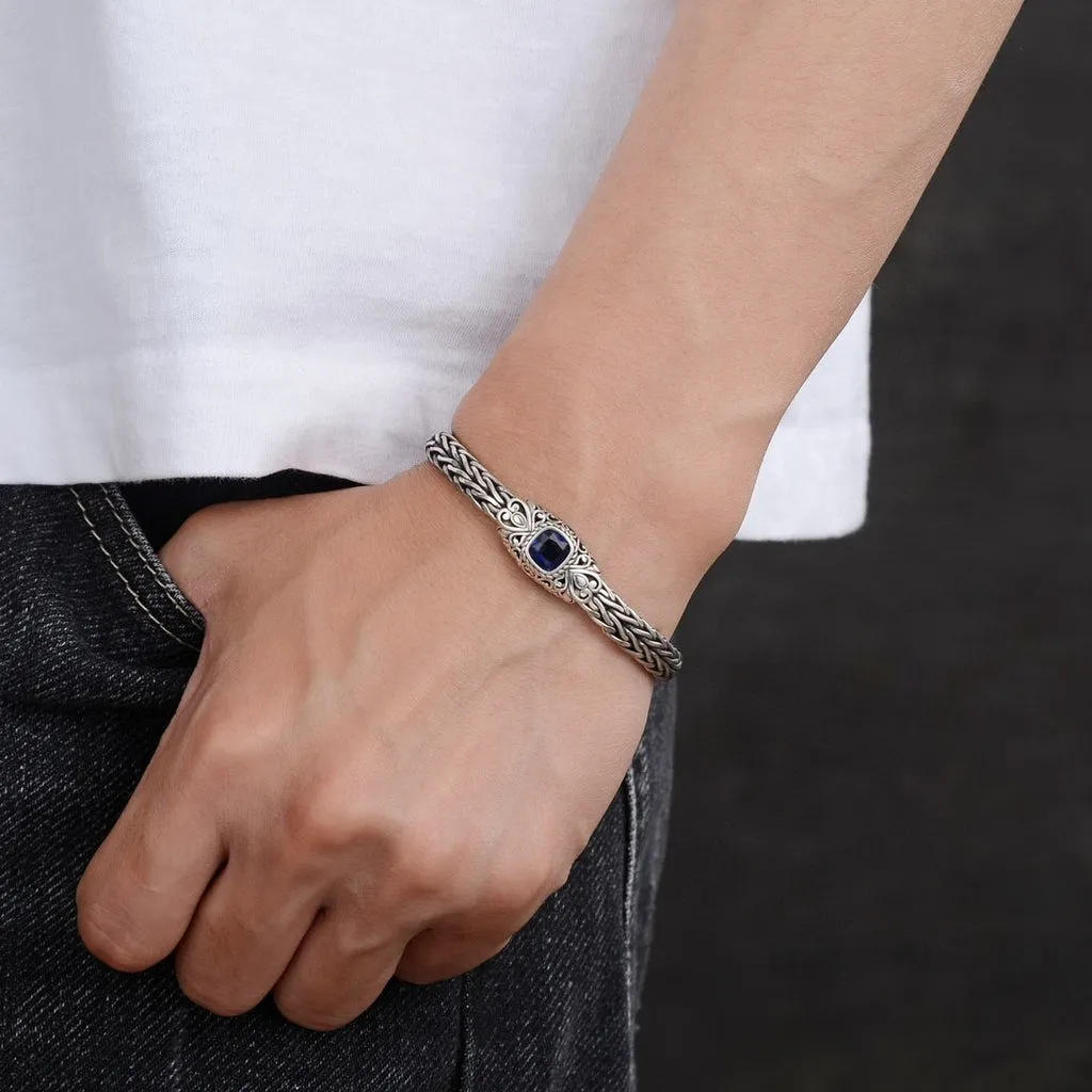 S925 Silver Antique Inspired Bracelet Featuring a Stunning Blue Corundum
