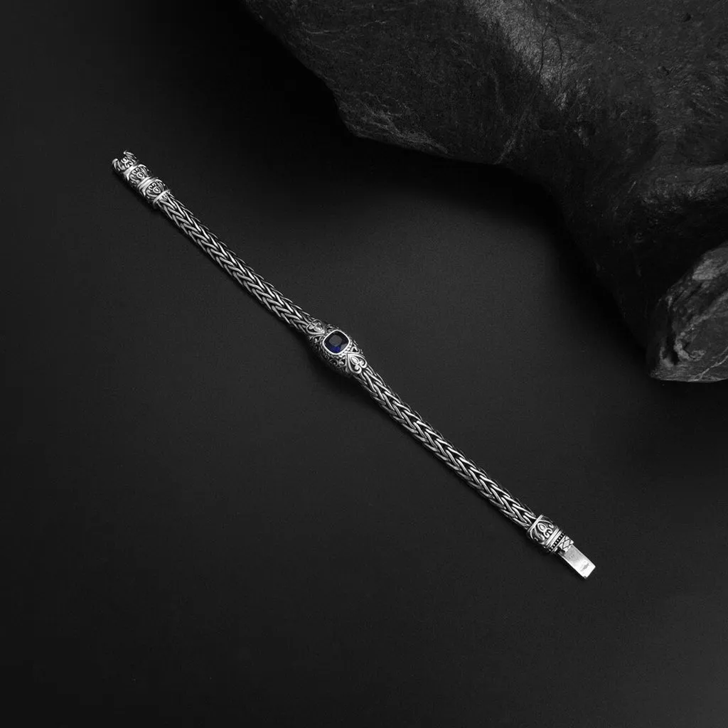 S925 Silver Antique Inspired Bracelet Featuring a Stunning Blue Corundum