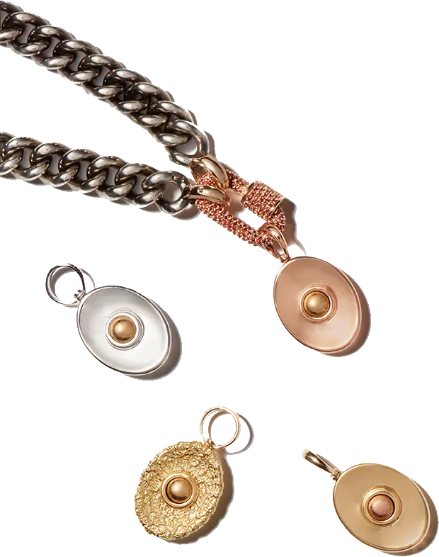 Self Involved Charm, Smooth with Gold Ball on a Gold Medium Lock with a Gold Heavy Curb Chain