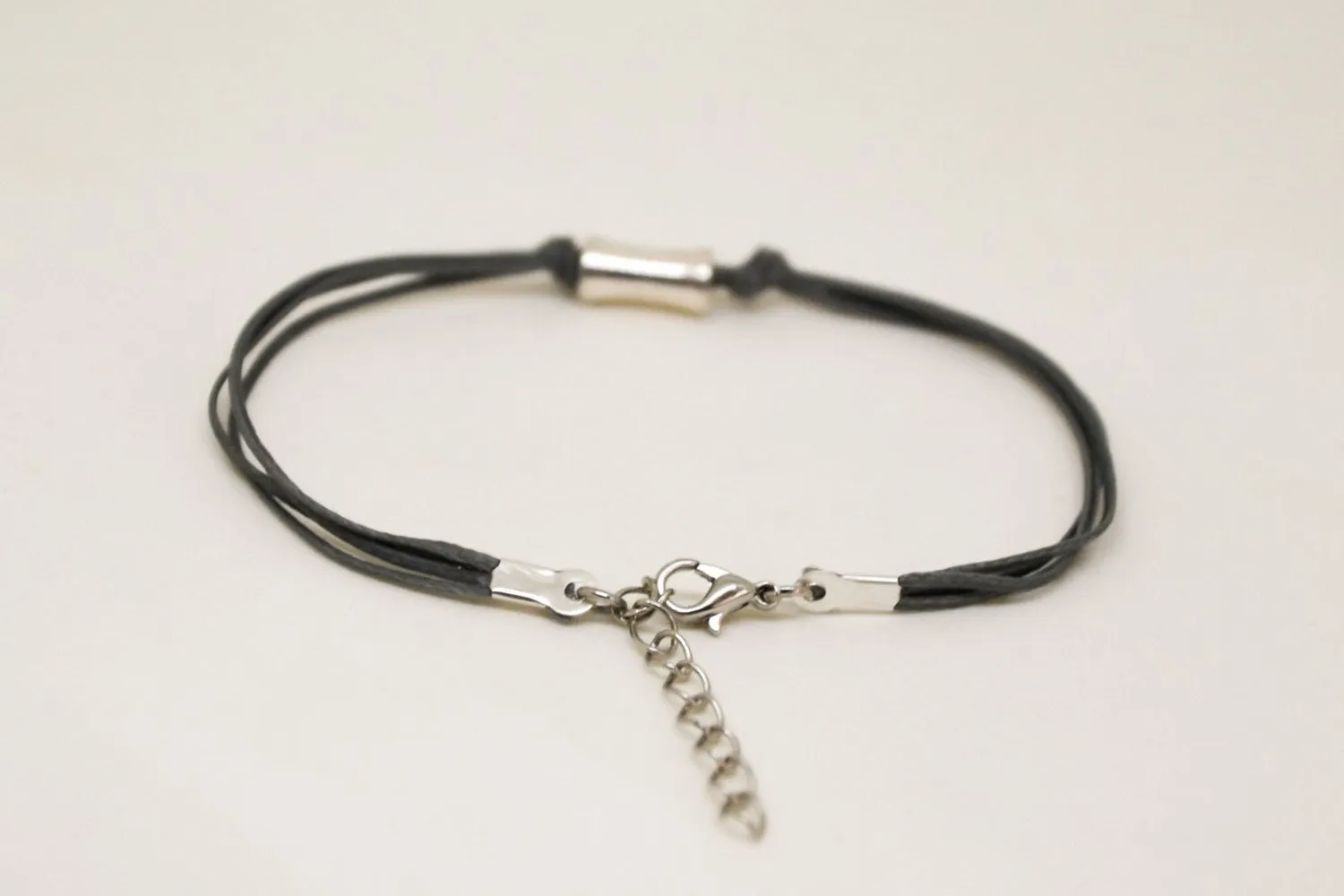 Silver bead bracelet, gray cord, gift for her