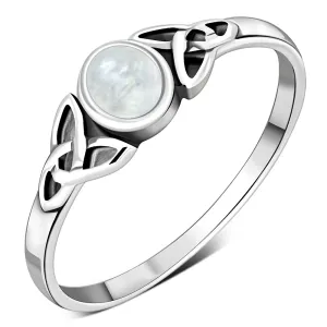Silver Trinity Ring w/ Rainbow Moon Stone