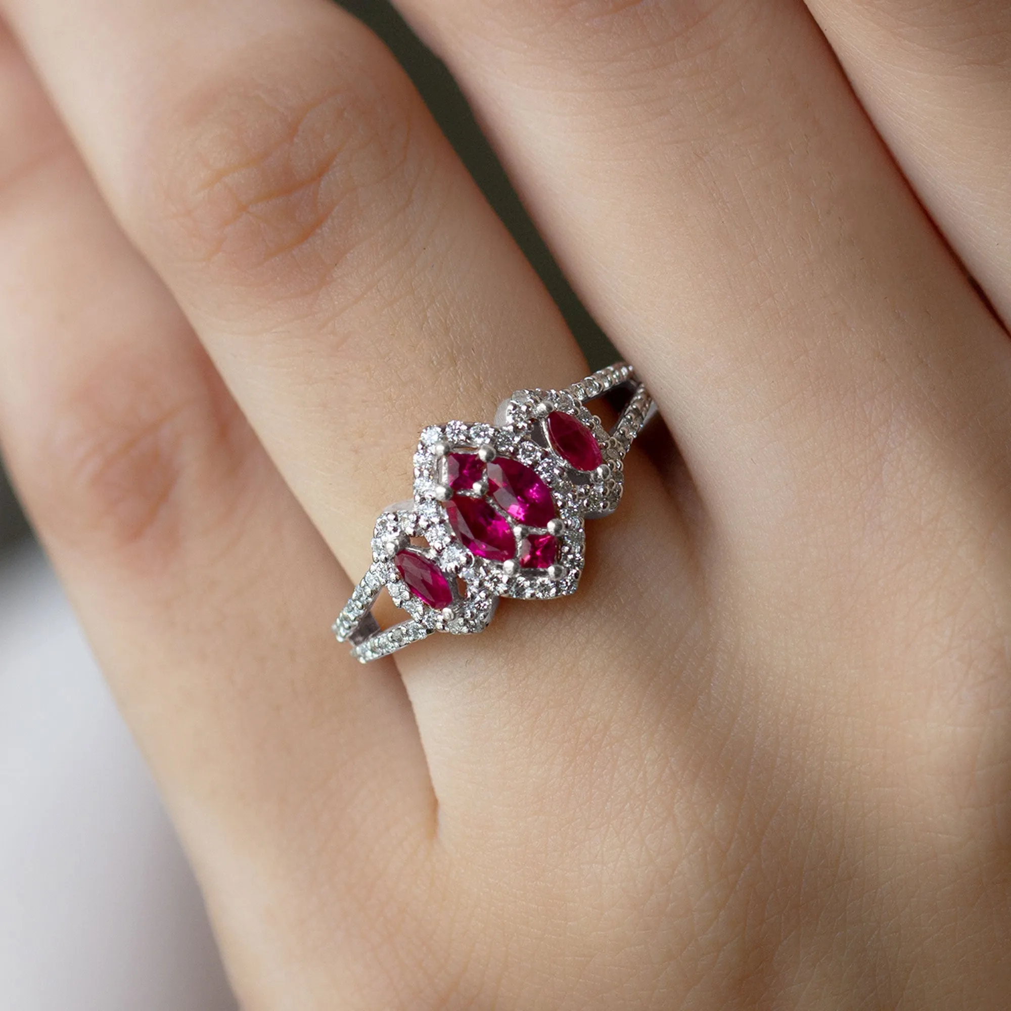 Split Shank Lab Grown Ruby and Diamond Cluster Engagement Ring