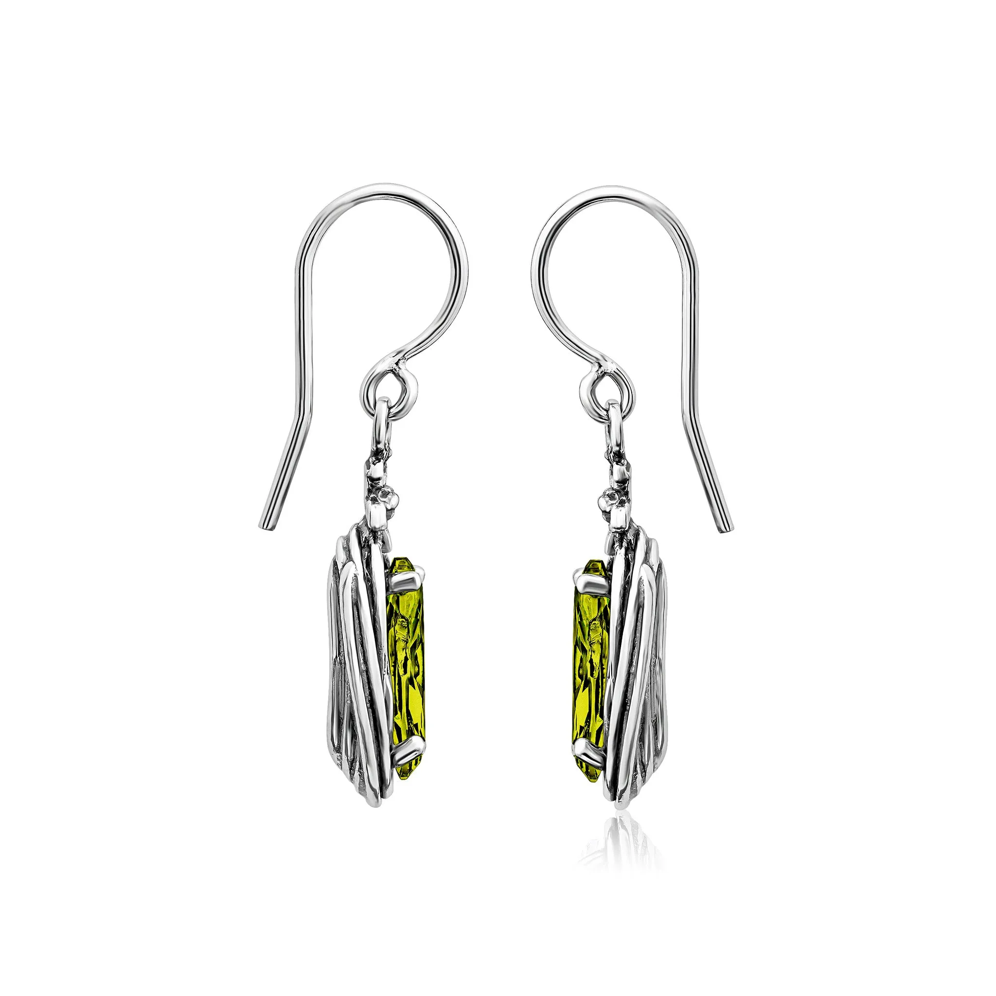 Sterling Silver Peridot CZ Floral Wire Wrap Earrings
