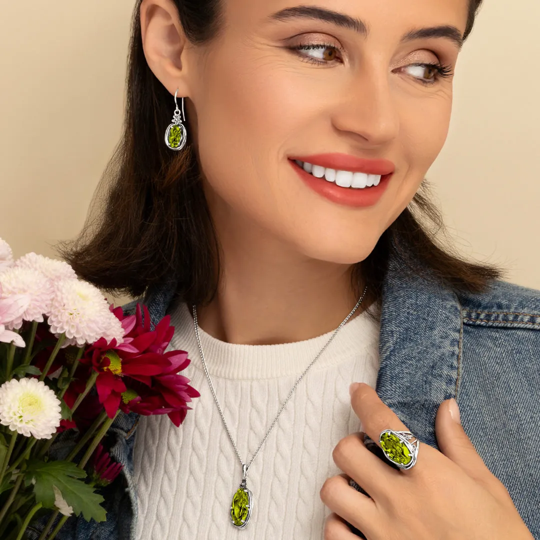 Sterling Silver Peridot CZ Floral Wire Wrap Earrings