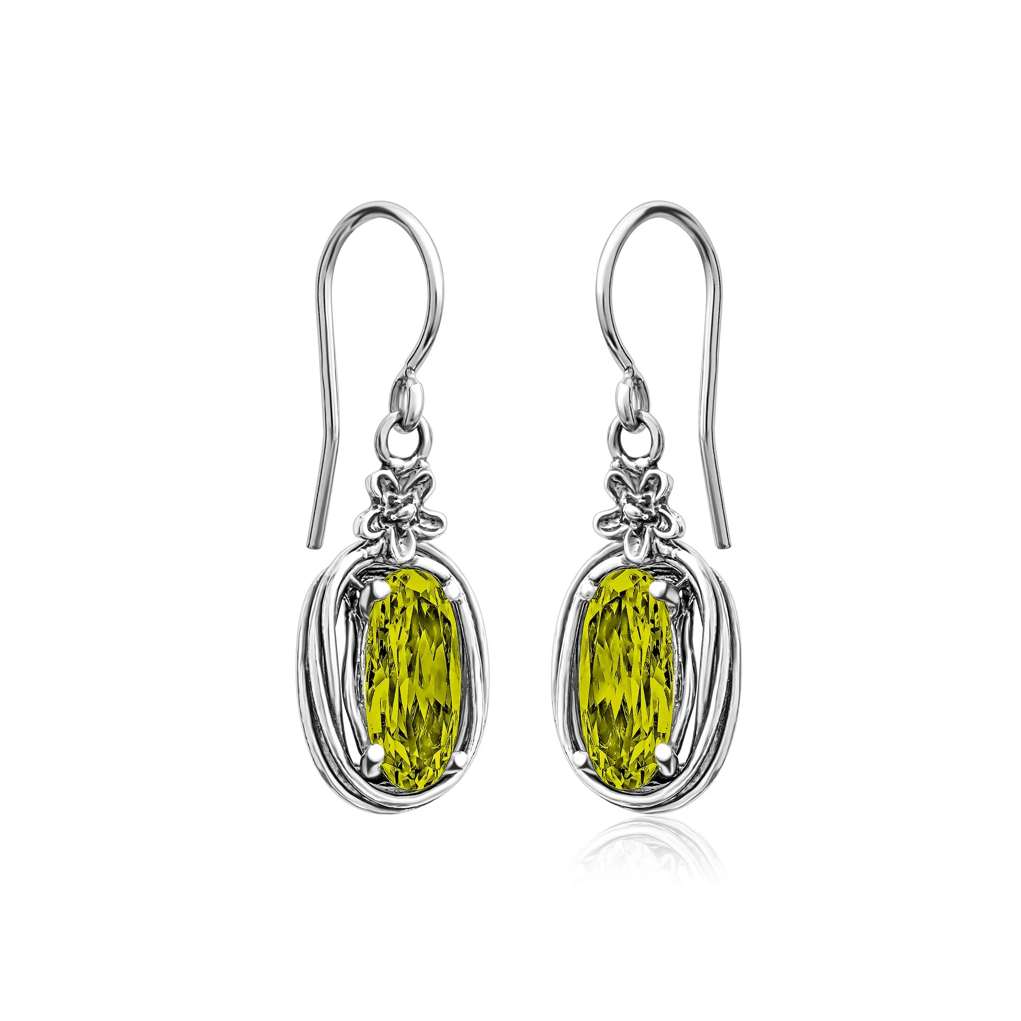 Sterling Silver Peridot CZ Floral Wire Wrap Earrings