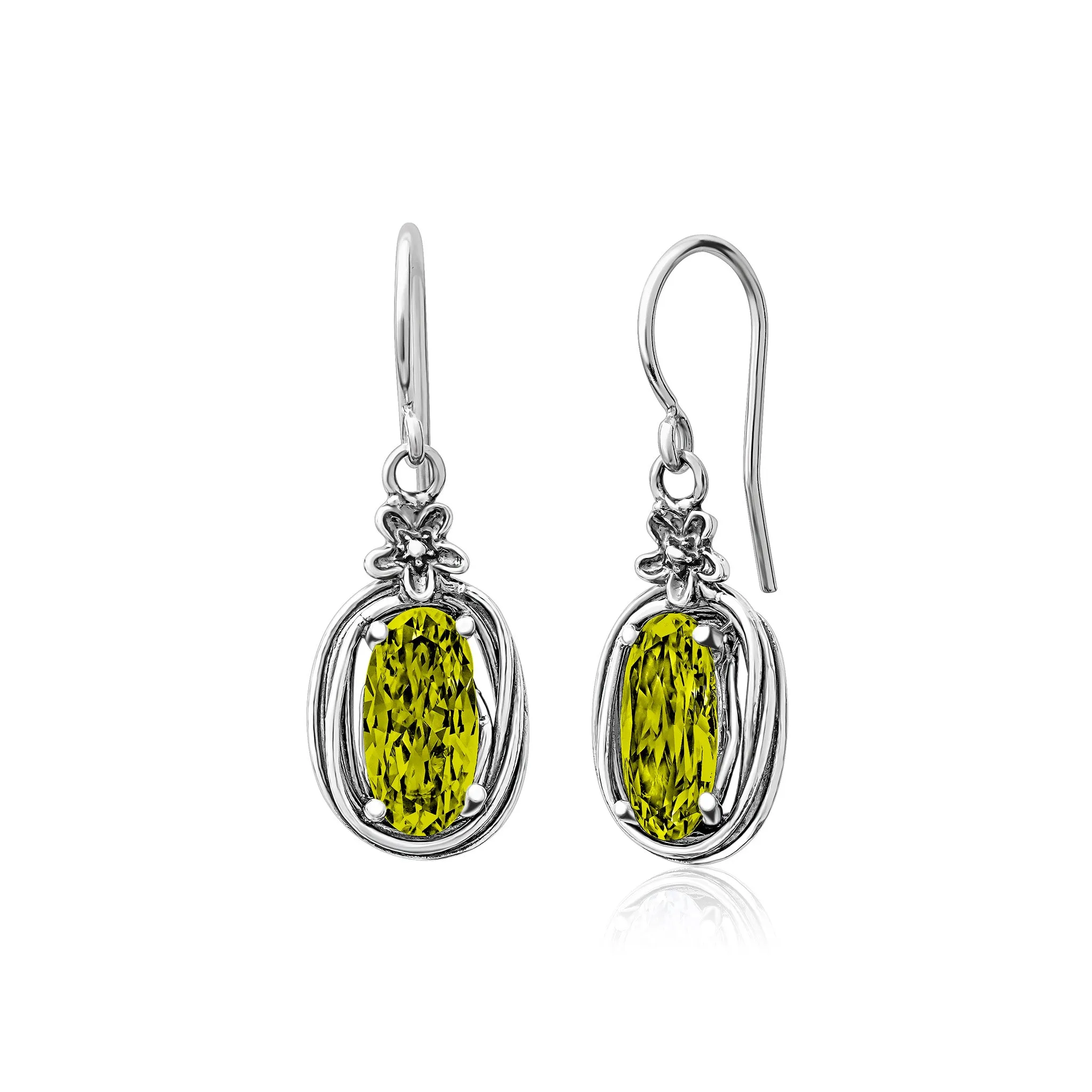 Sterling Silver Peridot CZ Floral Wire Wrap Earrings