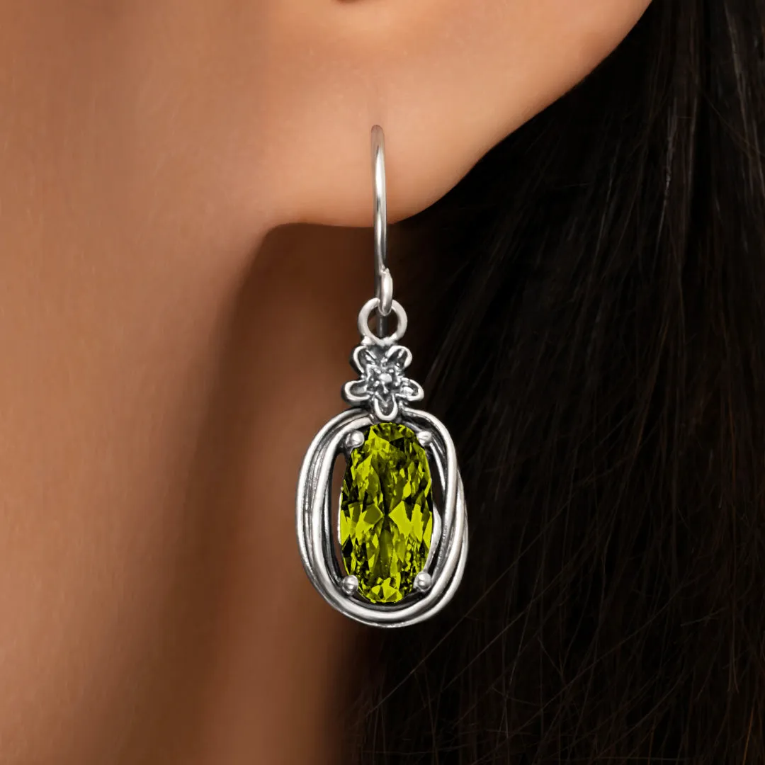 Sterling Silver Peridot CZ Floral Wire Wrap Earrings
