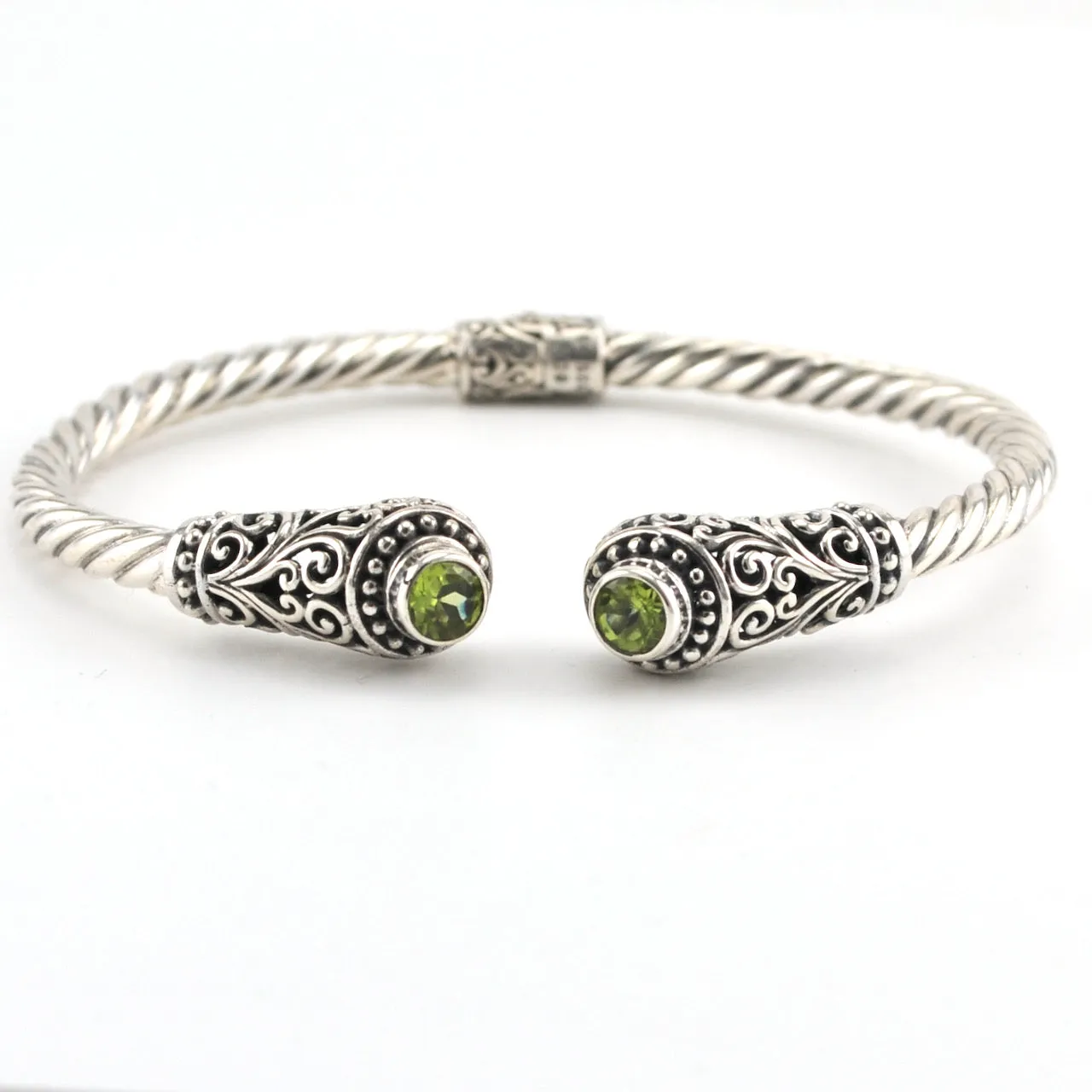 Sterling Silver Peridot Round Hinged Cuff Bracelet