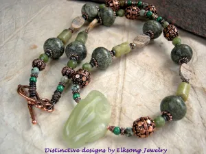 Tree Frog Necklace, Hand Carved Serpentine, Copper, Green Stone