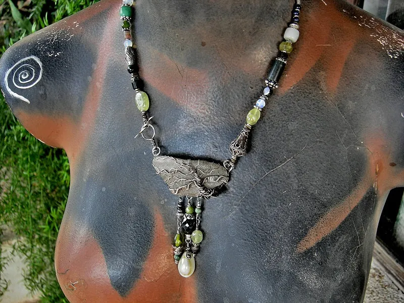 Tree on the Sea Necklace, Sterling Wire Wrap, Sea Glass, Green & Black