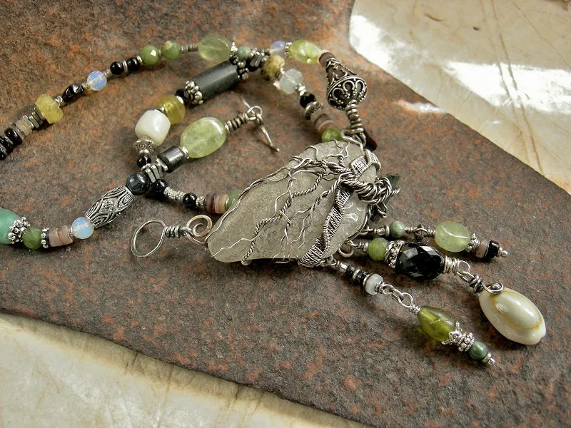 Tree on the Sea Necklace, Sterling Wire Wrap, Sea Glass, Green & Black