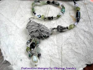 Tree on the Sea Necklace, Sterling Wire Wrap, Sea Glass, Green & Black