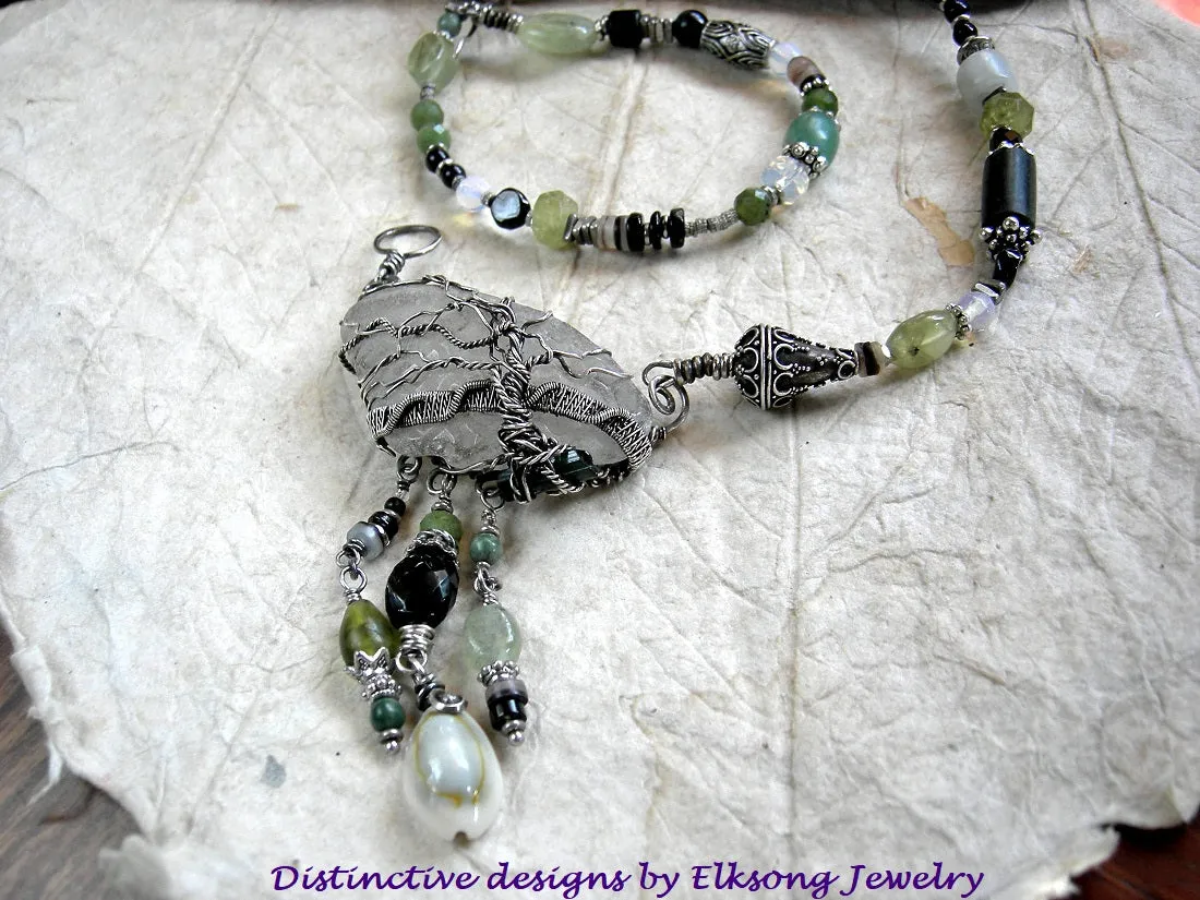 Tree on the Sea Necklace, Sterling Wire Wrap, Sea Glass, Green & Black