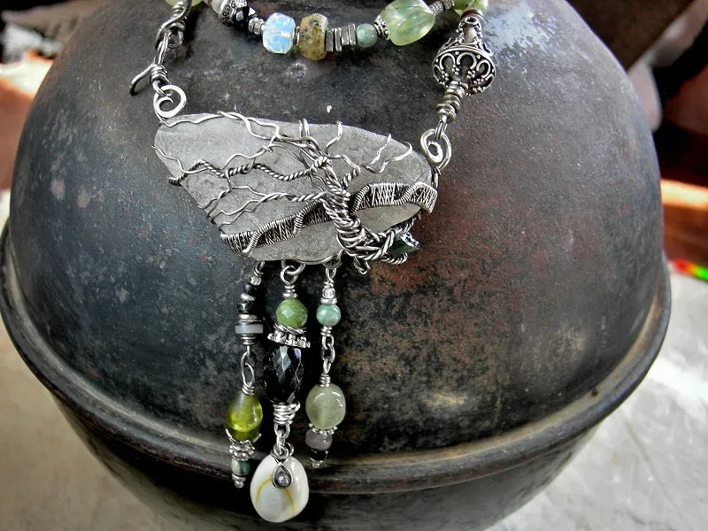 Tree on the Sea Necklace, Sterling Wire Wrap, Sea Glass, Green & Black
