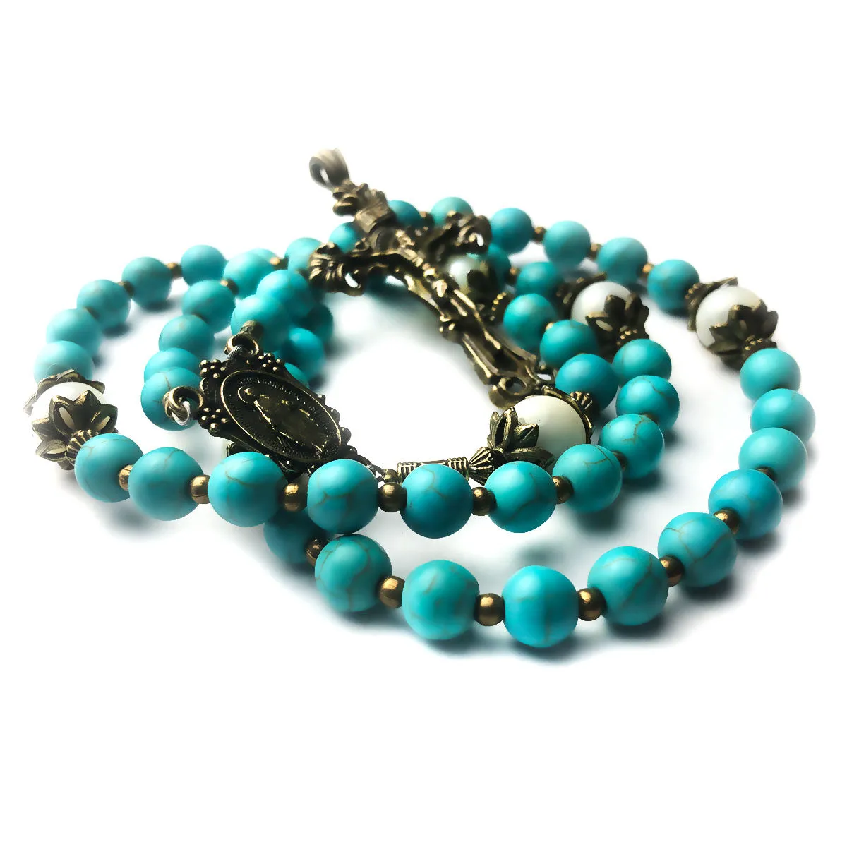 Turquoise and Mother of Pearl Stone Rosary With Miraculous Medal by Catholic Heirlooms - Confirmation - Holy Communion Gift - Rosary Necklace