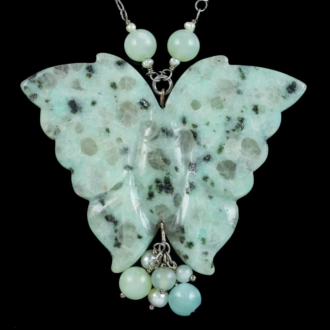 Victorian Style Kiwi Jasper Pearl Butterfly Bead Necklace Sterling Silver