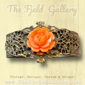 Vintage Brass Filigree Hinged Bangle Bracelet with Coral Celluloid Rose