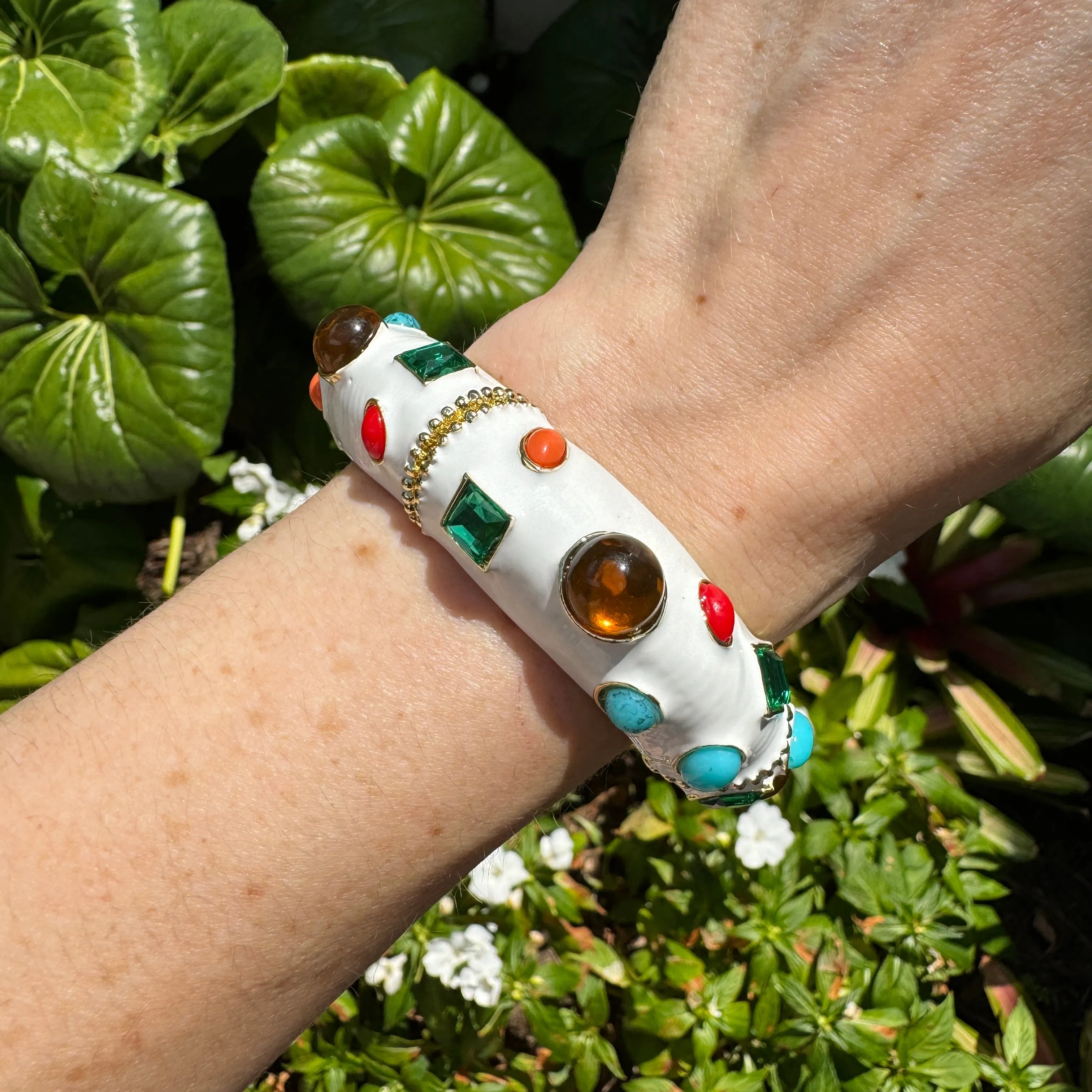 White Enamel Multi-Jeweled Hinged Bracelet