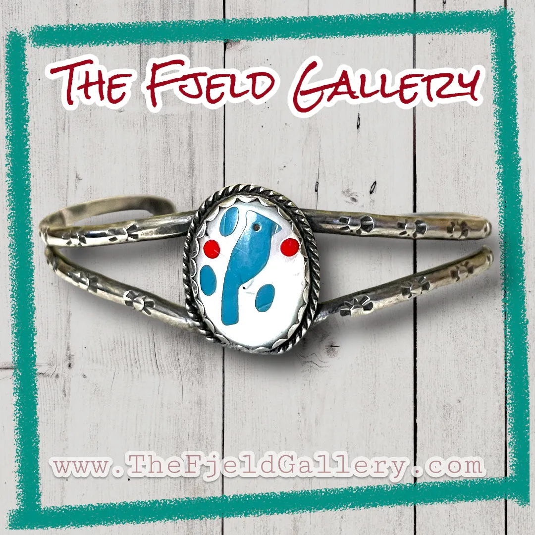 Zuni Native American Sterling Silver Blue Jay Inlay Cuff Bracelet