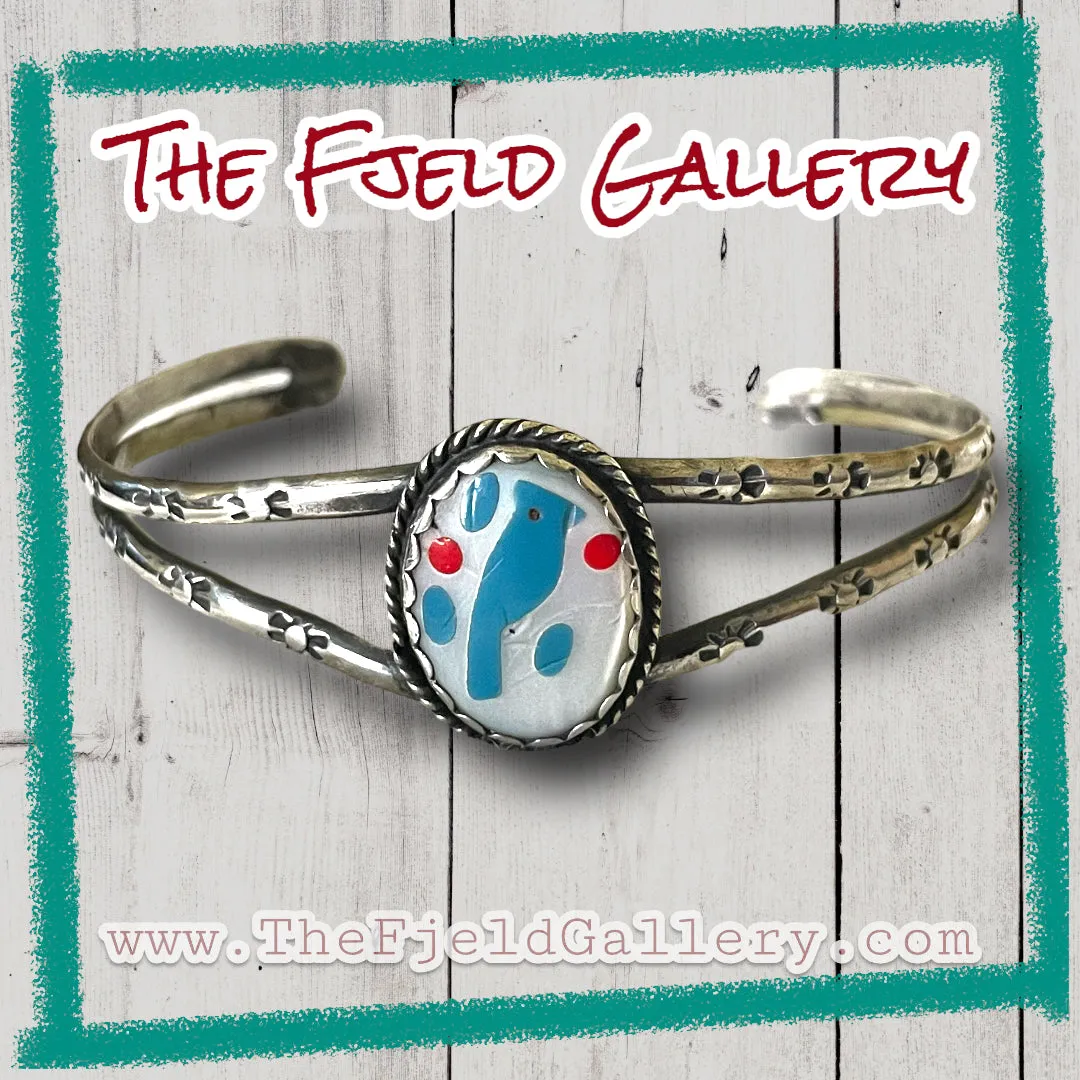 Zuni Native American Sterling Silver Blue Jay Inlay Cuff Bracelet