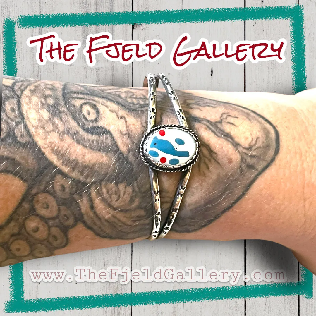 Zuni Native American Sterling Silver Blue Jay Inlay Cuff Bracelet